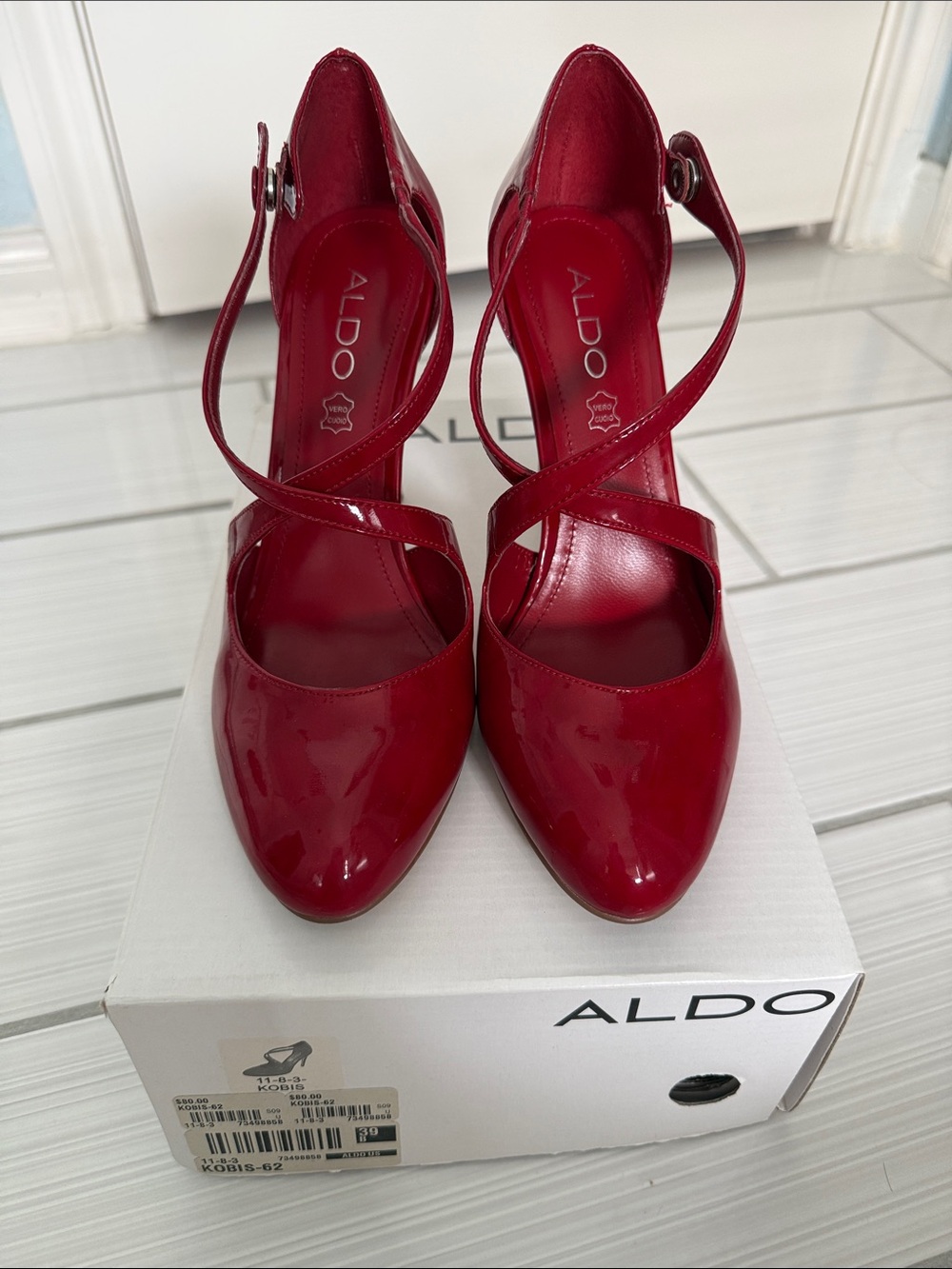 Aldo Red Patent Crisscross Ankle-Strap Pumps - Picture 1 of 3